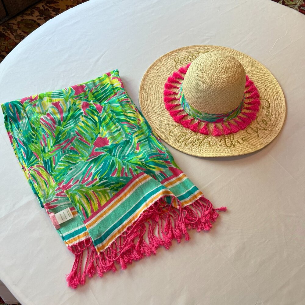 Lilly Pulitzer Palm Leaf  Scarf-Wrap-Swim Cover-Up Multi Color Fringe - Picture 11 of 15